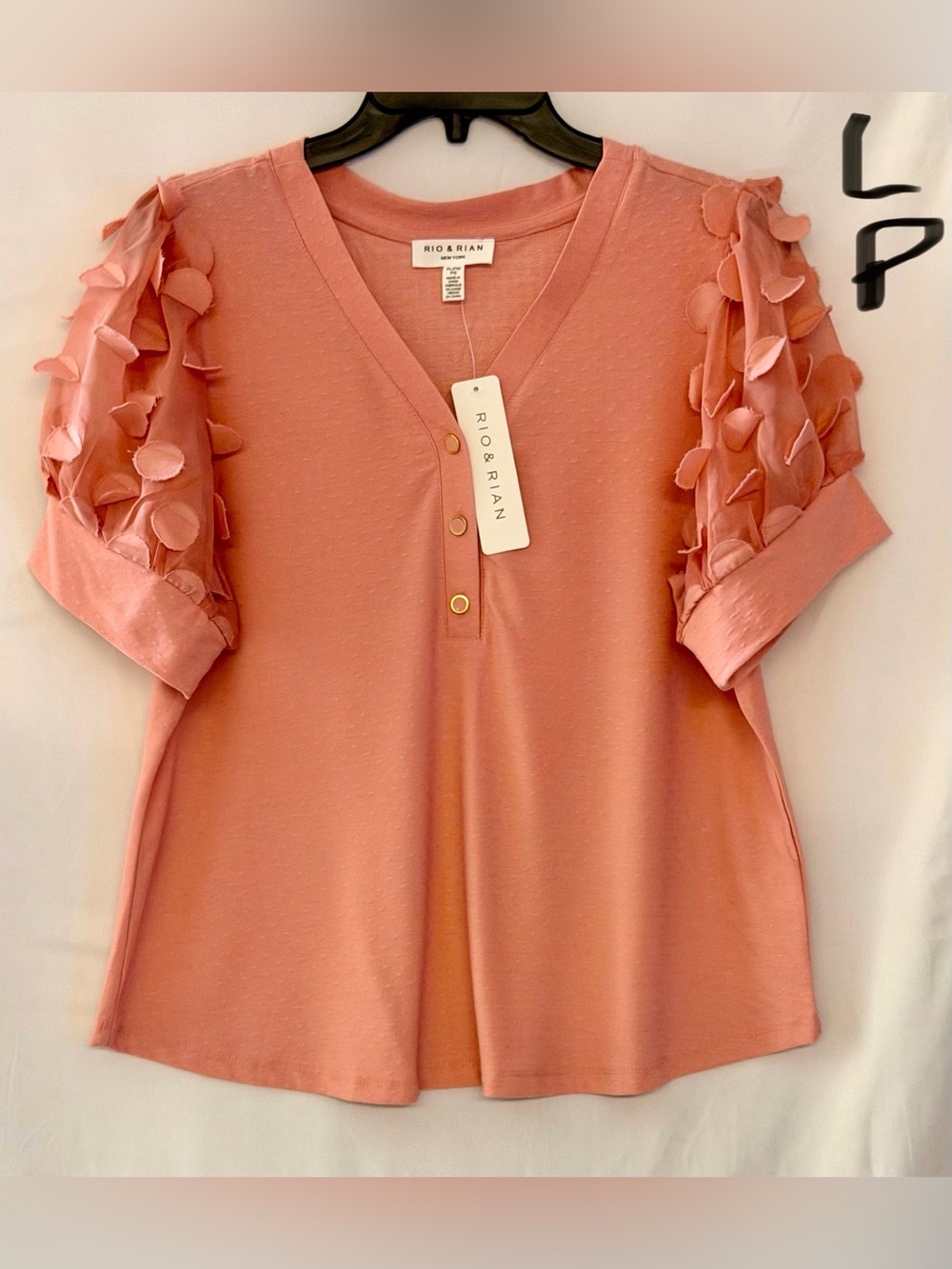 Coral Pink V-Neck Short Sleeve Top with Petal Sleeve Detail